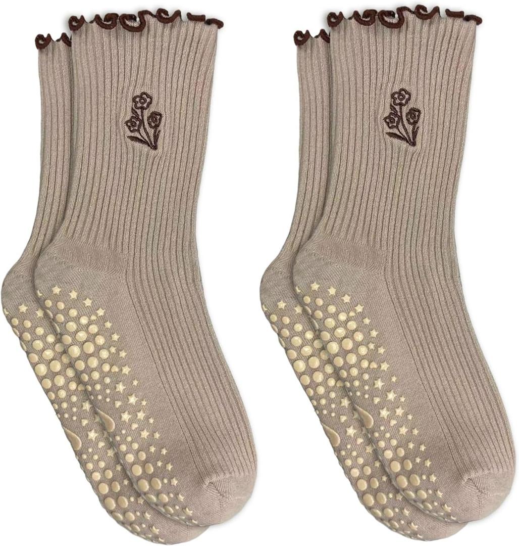 3 Pairs Cute Pilates Grip Socks for Women, Ruffle Yoga Non Slip Barre Socks for Workout & Dance (Beige)