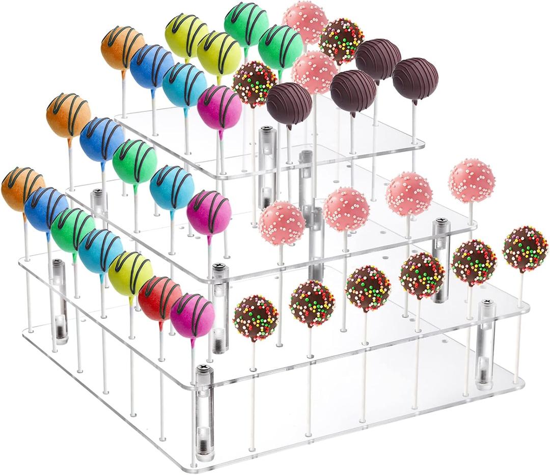 Frcctre 3 Tier Acrylic Cake Pop Display Stand, 56 Holes Clear Acrylic Lollipop Holder Square Cupcake Dessert Candy Holder for Wedding Baby Shower Birthday Parties Anniversaries