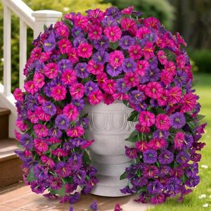 HyeFlora Artificial Fake Hanging Flowers Plants for Outdoor Outside, 2PCS Faux Silk Morning Glory Trailing Vines UV Resistant Look Real for Home Planter Porch Patio (Dark Purple and Fuchsia)