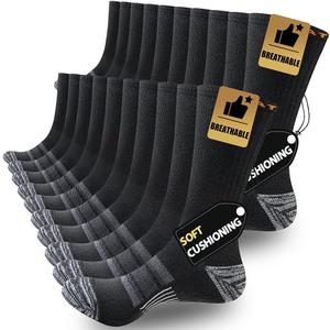 10 Pairs Mens Lightweight Athletic Crew Cushioned Breathable Work High Calf Long Boot Socks (Black, L)