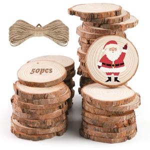 LovesTown 50pcs DIY Craft Unfinished Wood kit,2.4-3 Inches Bark Wood Slices Unfinished Wood Disc with Hole DIY Wooden Ornaments for Wedding Decorations Christmas Ornaments