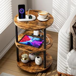 Small Round End Table - 3 Tier Design Accent Table, Narrow Side or Bedside Stand, Industrial Vintage Table for Small Spaces, Built-in USB Ports and Power Outlet, Rustic Brown (1 Pack)