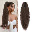 FESHFEN Claw Clip Ponytail Extensions - Long Pony Tail Hair Piece Wavy Curly Synthetic Hairpieces for Women, Mixed Brown 26 inch