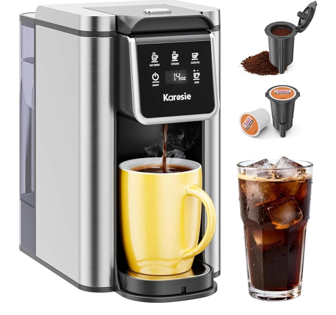 K Cup Coffee Maker, Hot & Iced Coffee Maker for K Cup and Grounds, 6-14 Oz Brew Sizes, 50oz Removable Tank, Single Cup Coffee Maker with Descaling Reminder, Stainless Steel, Black