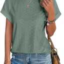 YeonYoonA Women's Eyelet Embroidery Short Sleeve T-Shirt Summer Fashion Clothes Loose Fit Casual Holiday Blouse T Shirt (Green, S)