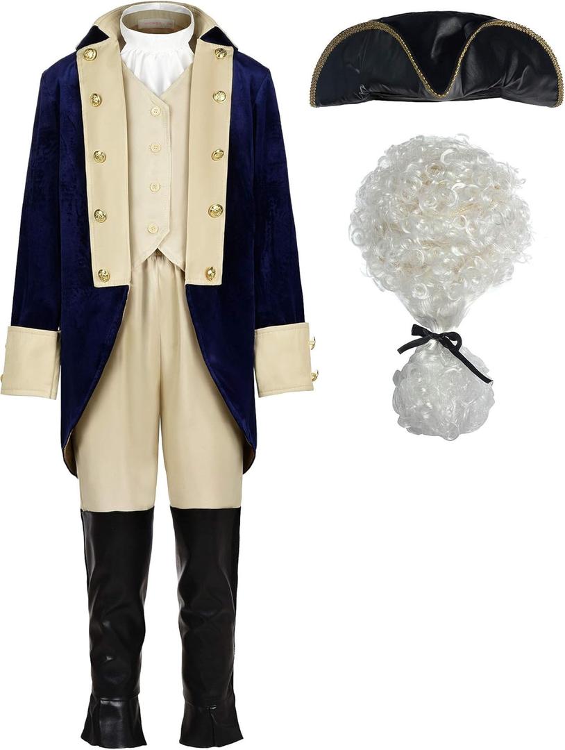 ReliBeauty Washington Costume Boys Hamilton American Colonial Uniform with Wig (59.5 INCHES/150)