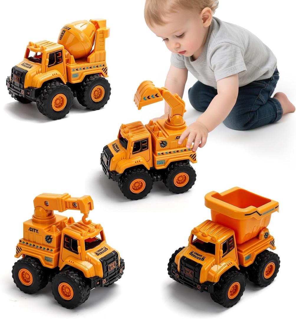 Lovinkiki Construction Truck Toys for Toddlers 1-3, Push and Go Toy Vehicles Set with Mixer, Dump Truck, Excavator, Bulldozer, Friction Powered Cars for Boys and Girls, Gift for 2 3 4 5 Year Old Kids (Yellow)