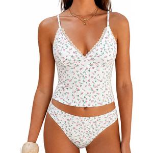 ZAFUL Women's Spaghetti Strap Tankini Swimsuits V Neck Tummy Control Tie Side Thong Bikini Swimsuits 2 Piece Bathing Suits (White, L)