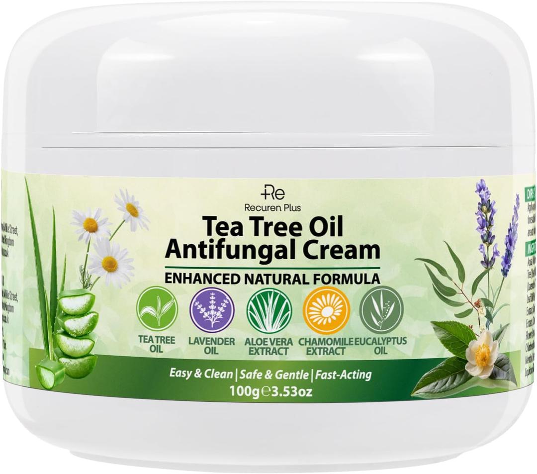 Recuren Plus Antifungal Cream with Tea Tree Oil Advanced Herbal Relief for Skin Fungus, Jock Itch, Eczema, Athlete's Foot, Tinea Versicolor, Natural Treatment 100g