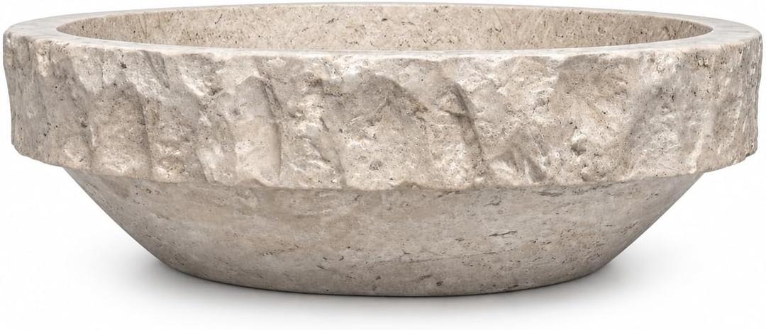Round Travertine Vessel Sink, Natural Stone Wash Basin, Hand-Carved Bathroom Sink, Chiseled Exterior, Polished Interior, Above Counter Vanity (Soap Tray Included), Medium