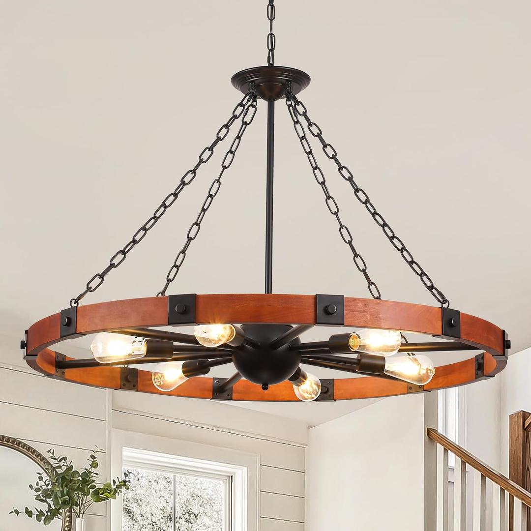 39.4" Large Wood Wagon Wheel Chandelier