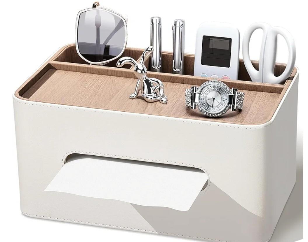PU Leather Tissue Box Cover Rectangular with Storage Organizer, Multifunctional Remote Control Holder, Desk Organizer for Living Room, Bedroom, Office, Decorative Tissue Holder with Compartments Beige