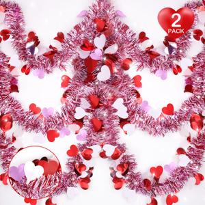 Valentines Day Decor, Total 66 Ft 2 Strings Valentines Heart Tinsel Garland Red Pink White Metallic Hanging Garland Valentine's Day Decorations for Home Indoor Outdoor Mantel Table Wedding Party Decor