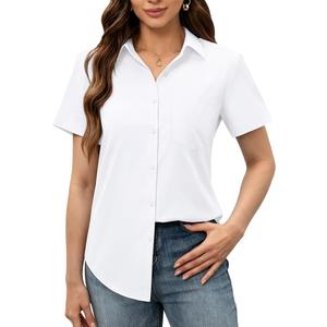 siliteelon Women Button Down Shirt Stain Resistant Cotton Button Short Sleeve Shirts with Pocket Wrinkle Free fit Business Work White, Medium