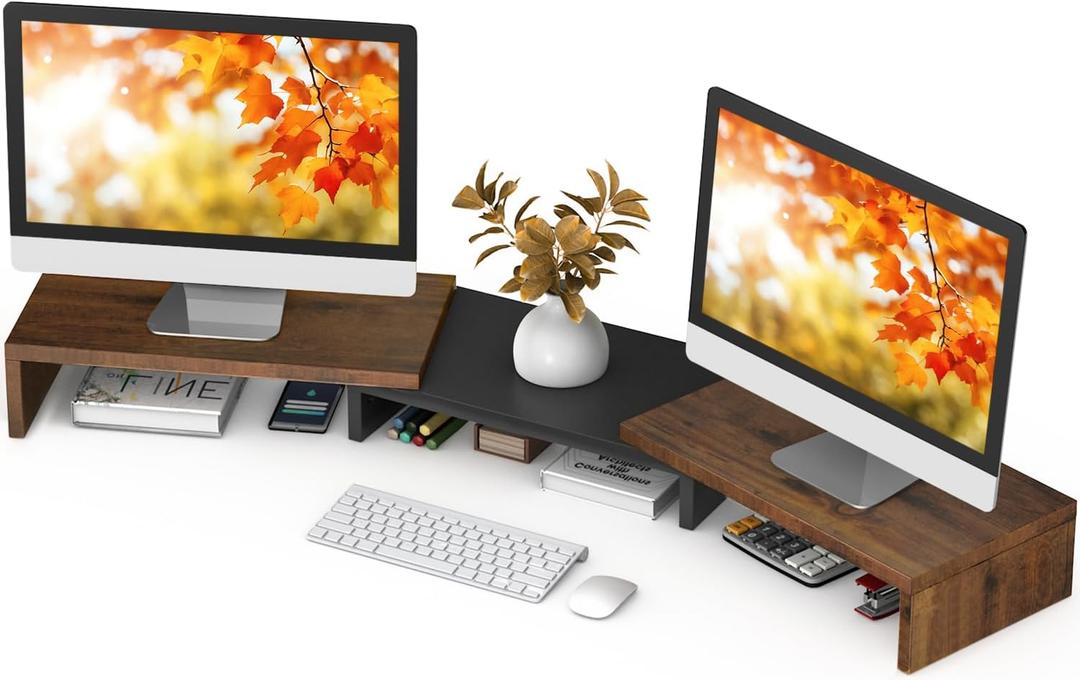 TAVR Dual Monitor Stand Riser, Computer Monitor Stands for 2 Monitors, Extra Long Multifunctional Wooden Desktop Organizer Riser for Computer, Laptop, PC, Printer, TV, Max 43.3" Length, Rustic Brown