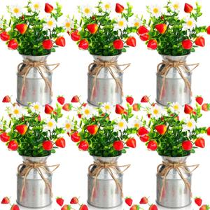 6 Sets Summer Strawberry Centerpieces for Tables Artificial Strawberry Daisy Plants with Vase and Fake Strawberries Berry Farmhouse Sweet Baby Shower Decor for Home Party Wedding Kitchen