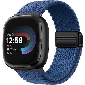 Wearlizer Elastic Band Compatible with Fitbit Versa 4 Bands for Woman/Versa 3/Sense 2/Sense Bands Women, Slim Solo Loop Braided Strap Stretchy Woven Wristband Accessory, Navy Blue, L