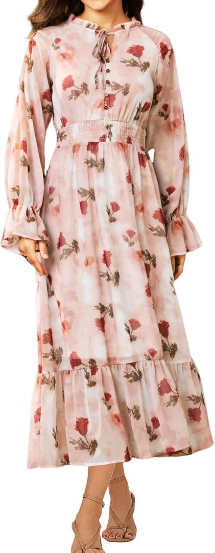 Sunny Spirit Women's Floral Boho Midi Dress 2025 Spring Fall Long Sleeve V Neck Chiffon A-Line Flowy Party Dresses (S)