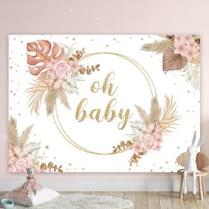 Riyidecor Girl Boho Oh Baby Baptism Baby Shower Decorations Backdrop 7Wx5H Feet Polyester Fabric Pink Bohemian Pampas Grass Blush Newborn Party Floral Gold Banner Festival Studio Photo Shoot