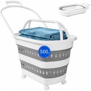 50L Pop Up Storage Laundry Basket with Wheels Gery, Collapsible Plastic Foldable Laundry Hamper Basket Container Organizer for Washing Storage