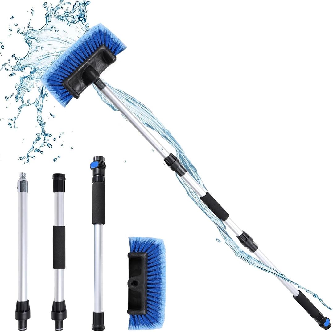 54" Flow-Thru Car Wash Brush with Long Handle, Soft Bristle Car Washing Brush with Extendable Handle and Hose Attachment for Car, RV, SUV, Truck, Boat, House Siding, Solar Panels, Blue