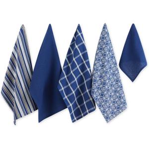 DII Assorted Woven Kitchen Set, Dishtowel, 18"x28", Dishcloth, 13"x13", Nautical Blue, 5 Piece