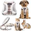 GAMUDA Small Dog Harness Collar and Leash Set, Step in No Chock No Pull Soft Mesh Adjustable Dog Vest Harnesses Plaid Reflective for Dogs Puppy Cats Kitten Rabbit (Warm Beige, S)