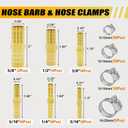 30PCS Brass Hose Barb Fittings Splicer Mender 3/16 1/4 5/16 3/8 1/2 5/8 with 55PCS Stainless Steel Hose Clamps for Fuel Gas Water Air