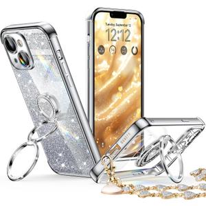 XYZ for iPhone 13 Case with Stand, Phone Case with Double Ring Kickstand, Women Girls Bling Luxury Glitter Clear Phone Case Cover Heart for iPhone 13, Silver