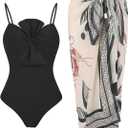 Womens One Piece Swimsuit with Cover Up Sarong Wrap Floral Bathing Suits 1 Piece Swim Suit with Beach Cover Up Set (Small, F Black Knot)