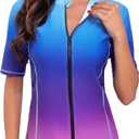 Tournesol Women's Rash Guard Short Sleeve Swim Shirt Zip Front Swim Top UV Sun Protection Swimsuit Top No Bra (L)