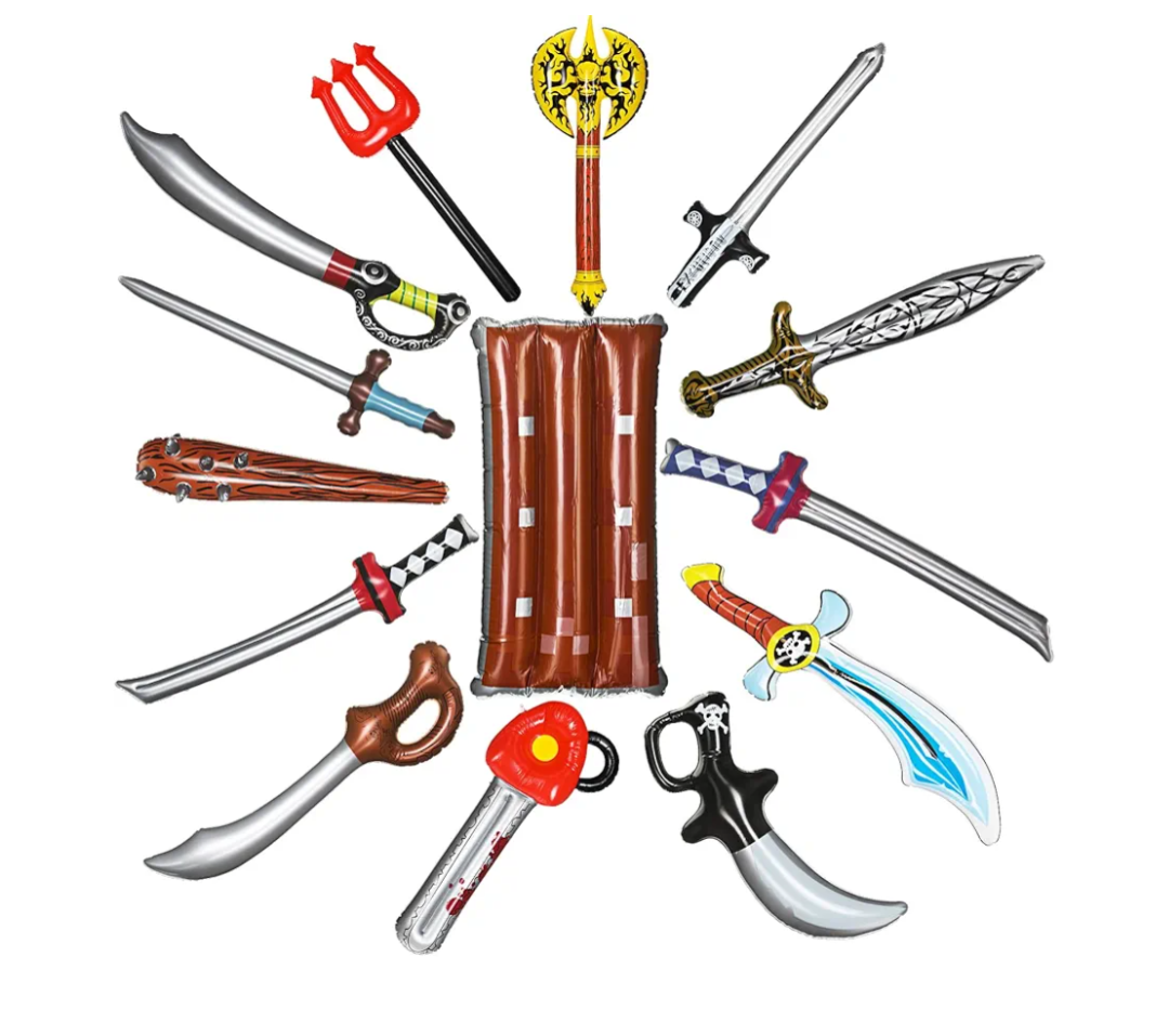 14 Pcs Inflatable Weapons Party Props Set Inflatable Sword Pirate Party Swords Inflatable Axes Shields Chainsaws Blow up Party Favors for Carnival Halloween Birthday Cosplay Party Supplies