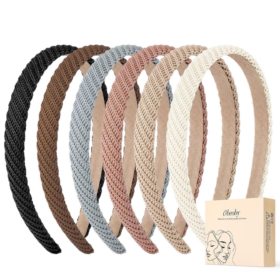 obeoby 6 Pack Trendy Headbands for Thicker Hair, Non Slip 0.6 inch Thin Knitted Hairbands Assorted Colors for Girls Summer Dress Outfit(Brown Series