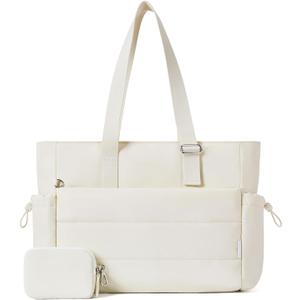 Roulens Tote Bag for Women 2 Set Puffer Tote Bag with Adjustable Top-handle, Quilted Shoulder Handbag for Work/Travel (Beige)