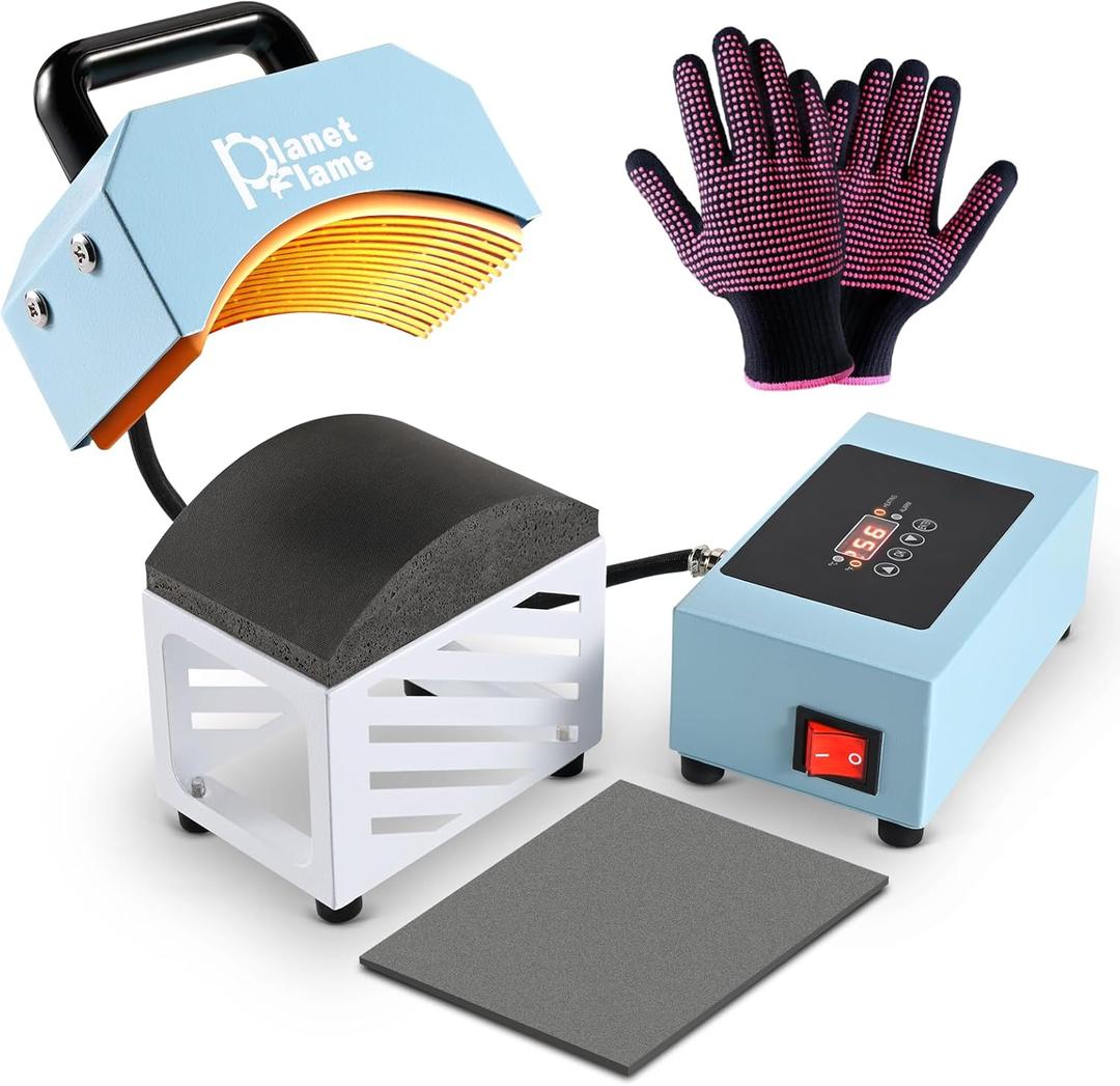 PlanetFlame Hat Press, Mini Hat Press Heat Machine for Caps Hats with 5.4" * 3.1" Curved Teflon Coated Heat Plate & Safety Base for Heat Transfer Vinyl, Sublimation and DIY Projects, Blue White