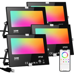 LED Flood Lights RGB Color Changing 300W Equivalent Outdoor, 30W Bluetooth Smart RGB Floodlight APP Control, IP66 Waterproof, Timing, 2700K&16 Million Colors 23 Modes for Garden Stage Lighting 4 Pack