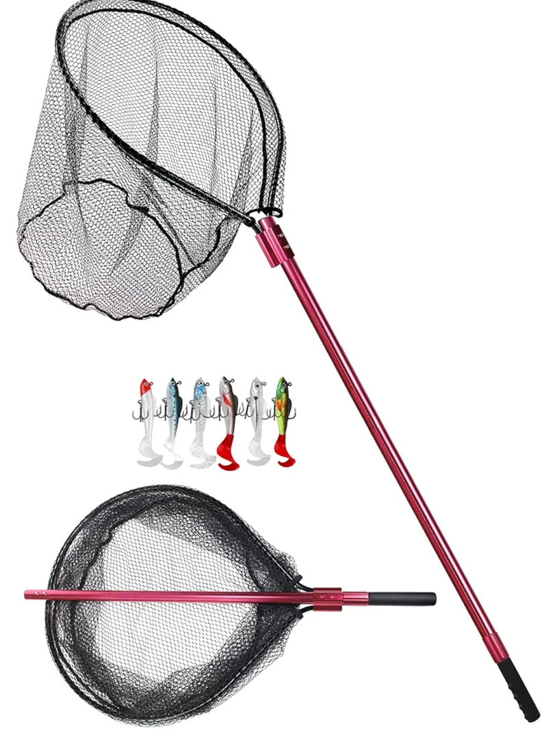 Heavy Duty Extra Large Aluminum Telescoping Landing Net - Saltwater Fishing Net with 6pcs Soft Jig Swimbait, Extends to 72-94in