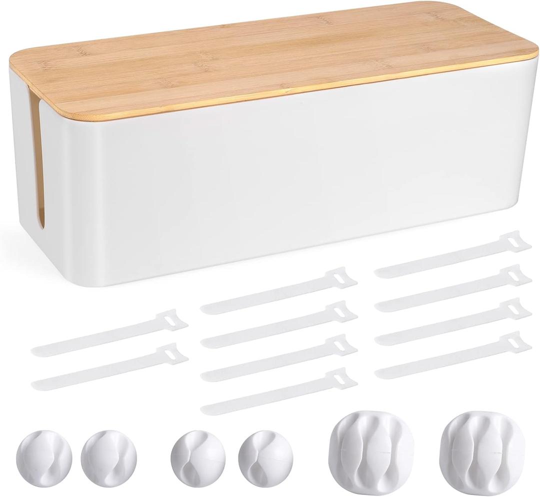Cable Management Box - Wooden Style Large Cord Organizer Box to Hide Wires & Power Strips | Desk Computer Cable Organizer Box | Safe ABS Material |16" (L) x 6.2" (W) 5.3" (H)|for Home & Office - White Cable Management Box - Wooden Style Large Cord Organizer Box to Hide Wires & Power Strips | Desk Computer Cable Organizer Box | Safe ABS Material |16" (L) x 6.2" (W) 5.3" (H)|for Home & Office - White