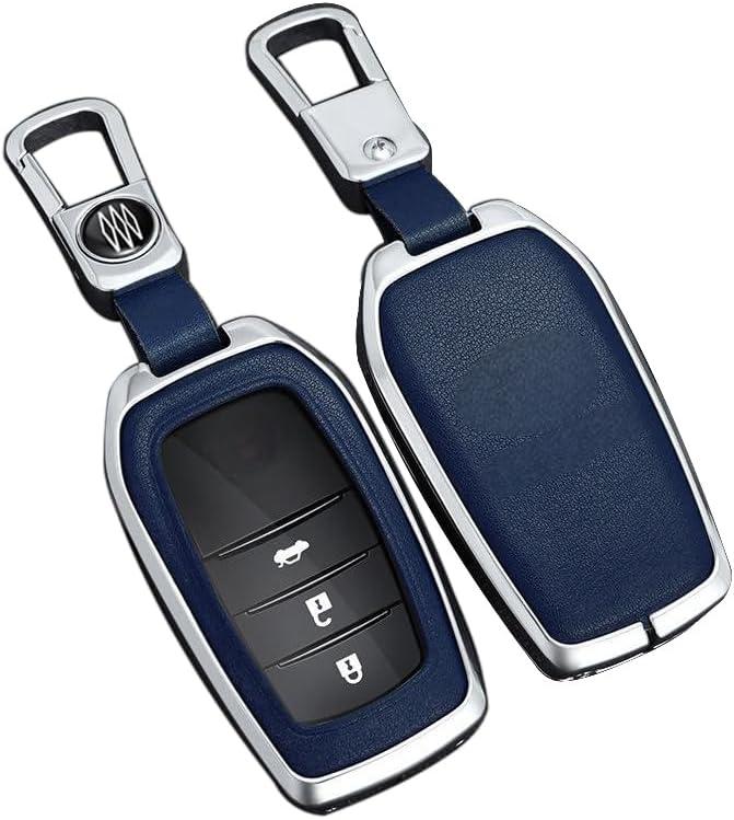 RYE Key Fob Cover for Toyota, Leather+Zinc Alloy Key Fob Case for 2025 Camry, 2021-2025 Venza, Grand Highlander Hilux, Fortuner, 2022-2025 Tundra Tacoma Remote Key (Silver&Blue, Come with Key Hook)