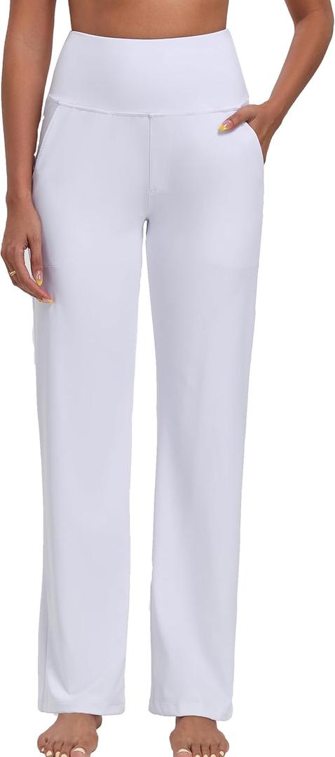 Oalka Women's Wide Leg Yoga Pants High Waist Stretch Sport Sweatpants Casual Dress Pants Petite/Regular/Long (White)