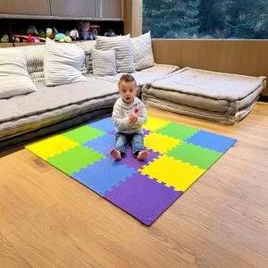 MioTetto Foam Floor Tiles for Kids - Non-Toxic Comfortable Baby Play Mat and Interlocking Foam Tiles, Fits with 50x50 Playpen Mat for Crawling & Development, Soft Play Mat for Babies 6-12 Months (Purple-canary-emerald-indigo)