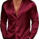 PJ PAUL JONES Men's Shiny Satin Dress Shirts Long Sleeve Button Down Silk Shirt with Bow Tie (Dark Red, M)