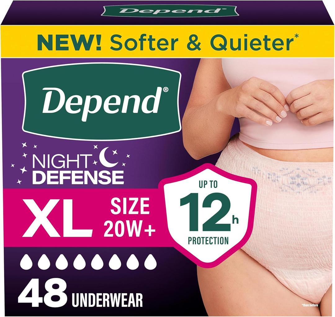 Depend Night Defense Adult Diapers, Incontinence & Postpartum Bladder Leak Underwear for Women, Disposable, Overnight, XL, Blush, 48 Count (4 Packs of 12)