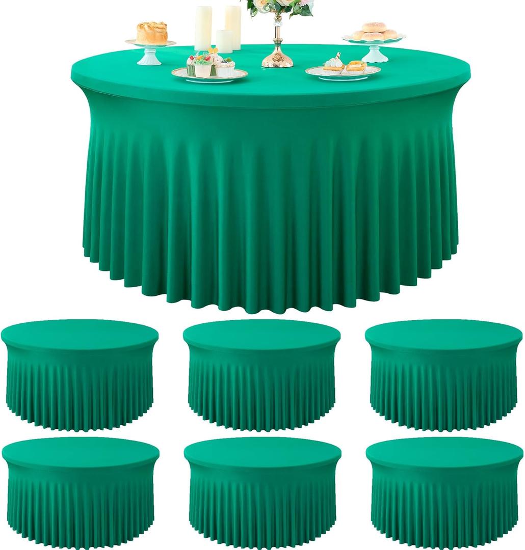 6 Pack Emerald Green Spandex Round Tablecloths for 72 Inch Table, Stretchy 132 Inch Fitted 6FT Cloths, Wrinkle Free Cover With Skirt for Wedding Party Dining Banquet