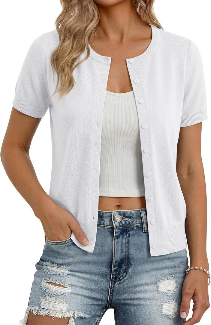 GRACE KARIN Women Short Sleeve Cardigan, 2026 Summer Knitted Sweater Tops, Basic Crew Neck Crop Outfits (White, M)