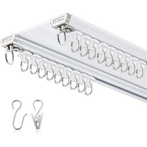 Juexica Ceiling Curtain Double Track Set 3ft-10ft/3 Meter White Double Curtain Track Ceiling Mount Heavy Duty Room Divider Adjustable Length Rails with Clips Hooks End Hook