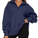 Trendy Queen Women's Oversized Half Zip Fleece Sweatshirts-Cozy Pullover, Drop Shoulder for Fall Winter DarkBlue L