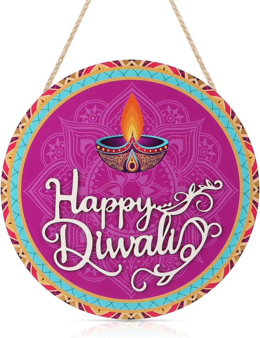 CHDITB Happy Diwali Decoration 3D Front Door Sign(12x12), Indian Festival of Lights Wall Hanging with Rangoli Diyas, Deepavali Themed Door Hanger for Front Door Porch Home Office Party