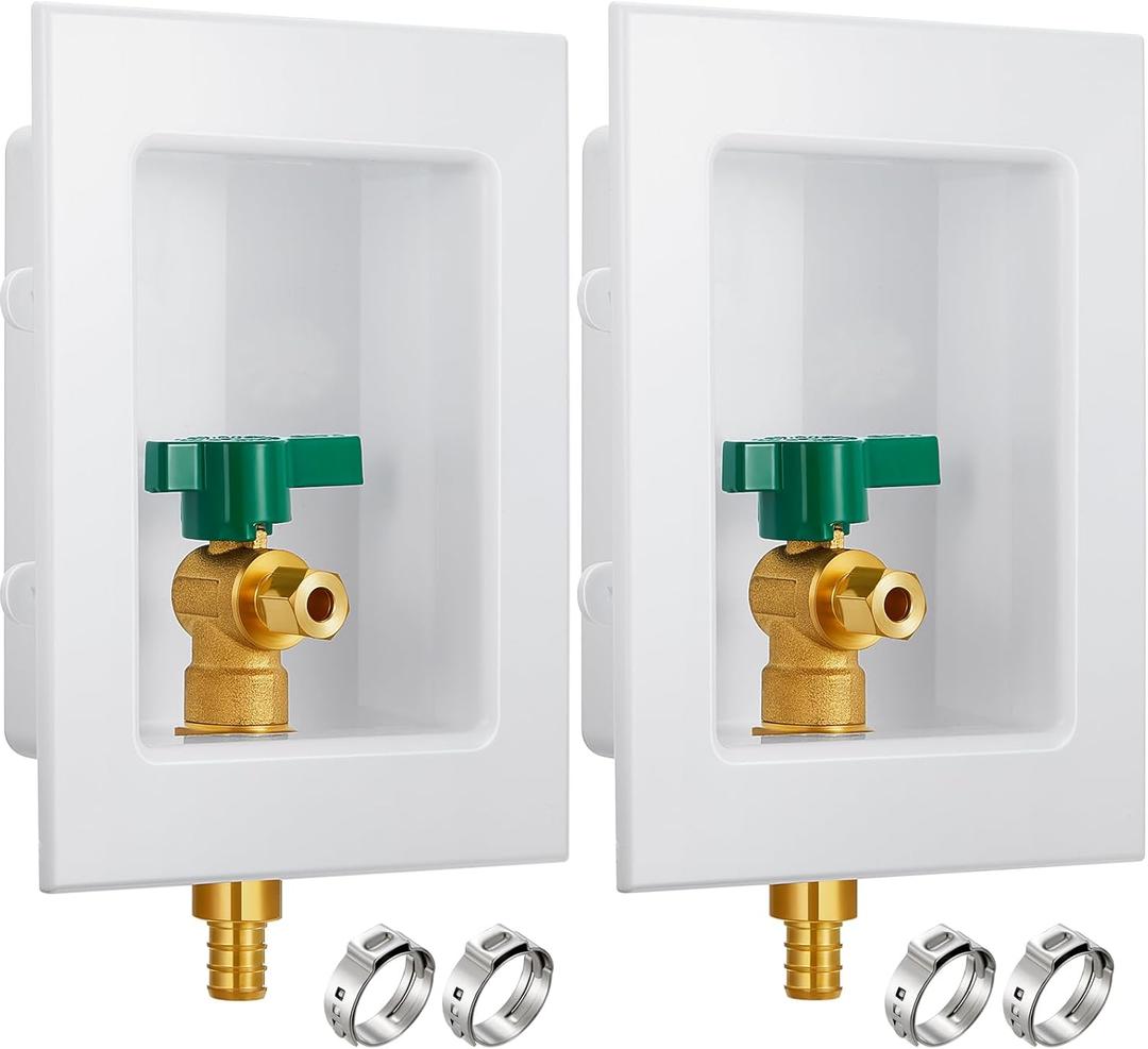 Hicarer 2 Set Ice Maker Outlet Box Pre Assembled Box 1/2 Inch Pex F1807 Crimp with Installed 1/4 Turn Ball Valve for Ice Maker Supply