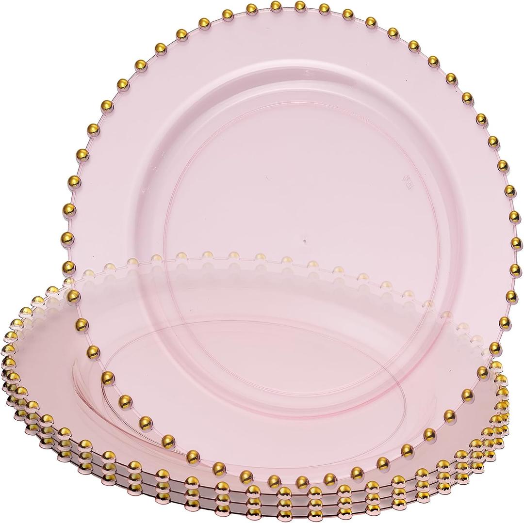 PLASTICPRO Translucent Pink with Gold Rim Plastic Charger Plates with Beaded Edge Pack of 4 13" Elegant Round Disposable Chargers for Weddings, Events, Parties, and Dinners